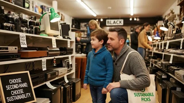 Father and son explore a thrift store on Black Friday excited for sustainable electronics shopping
