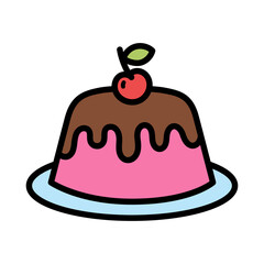 Pink Strawberry Jelly Dessert Topped with Chocolate Ganache and a Red Cherry with Green Stem on a Blue Plate Simple Cartoon Style Food Illustration