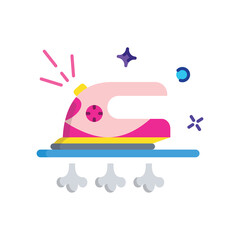 Pink steam iron with yellow soleplate and blue cloth generating steam and small sparkling stars against a transparent background