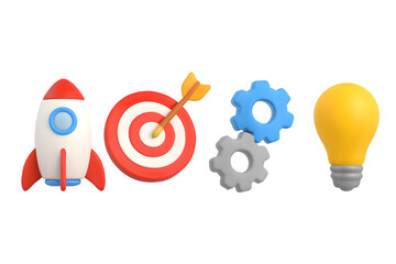 Rocket target gears and lightbulb isolated on transparent background