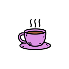Pink Coffee Cup and Saucer with Steam on White Background Simple Doodle Art Style