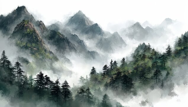 Mountain range covered in mist and trees. The mountains are covered in a thick fog, giving the scene a serene - Powered by Adobe