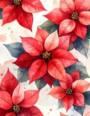 Obraz premium 水彩画風ポインセチアのやさしい背景｜アート・年賀状・デザイン素材