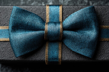 A blue bow tie sits atop a dark textured gift box wrapped with a gold ribbon, creating a refined focal point for gifting and celebration with a touch of elegance.