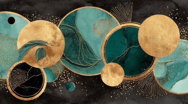 Series of gold and green circles are arranged in a line. The circles are of varying sizes