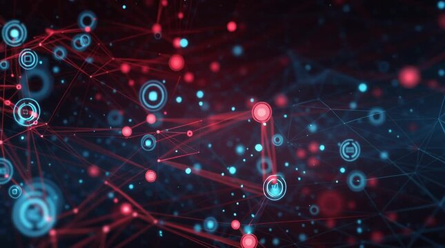 Exploring an abstract technology scene featuring AI icons and a network of nodes