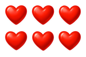 Six red hearts isolated on transparent background