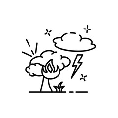 Stylized Black Outline Illustration of a Burning Tree Under a Lightning Cloud on a Transparent Background