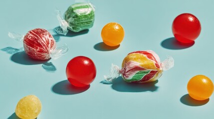 Fototapeta premium Colorful candies on blue, some wrapped, some bare and shiny. Use for ads, blogs, or websites, showing treats and sweetness.