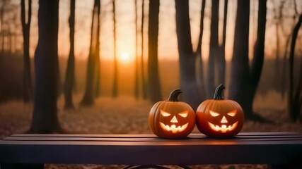 Spooky forest on halloween evening decorated with glowing jack o lanterns among trees. Concept of halloween decoration, horror art, creative industry.  - Powered by Adobe