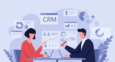 Business colleagues collaborating on customer relationship management software.