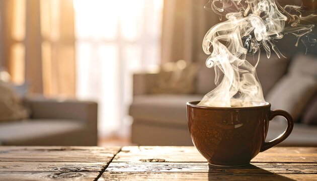 Warm cup of coffee steaming on a wooden table, sunlight streaming through window