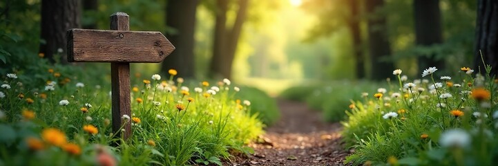 Sun-Dappled Woodland Path Rustic Signpost Guides the Way Through Lush Wildflowers