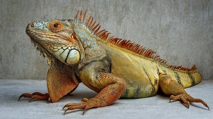 Iguana resting still on a flat surface in detailed close up