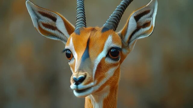 A close-up shot of a gazelle's face with a blurred background, great for wildlife or nature-themed projects