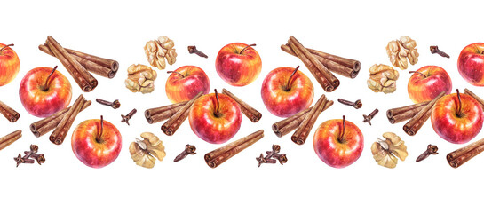 Watercolor seamless border with fruit apple and cinnamon on white background. Fragrance condiment and nut walnut for dessert or drink. Christmas rim with food. Kitchen cookbook. Wallpaper or wrapping