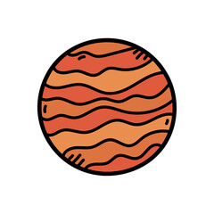 Stylized illustration of a round planet with swirling orange and red bands against a transparent background representing a celestial body in space with a cosmic feel and simple graphic design