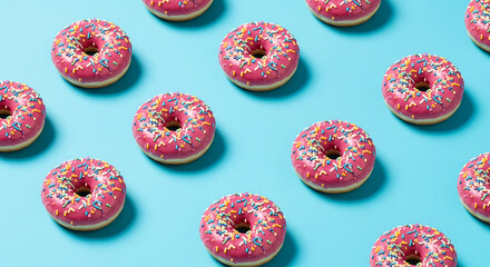 Pink donuts lined up regularly on a blue background