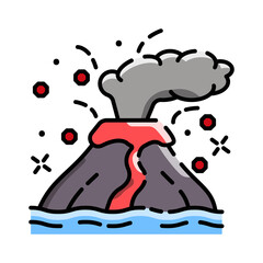 Stylized illustration of a smoking volcano erupting red hot lava into blue water with red particles and sparks against a transparent background