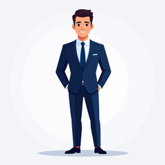 Smiling young businessman in navy suit with red tie standing confidently flat design vector illustration