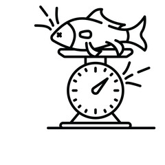Stylized Line Art Drawing of a Dead Fish on an Old Fashioned Kitchen Scale with Sparkles Indicating Weight Measurement on a White Transparent Background