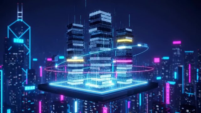 Futuristic city skyline with neon lights and digital connections creates a vibrant metaverse world - Powered by Adobe