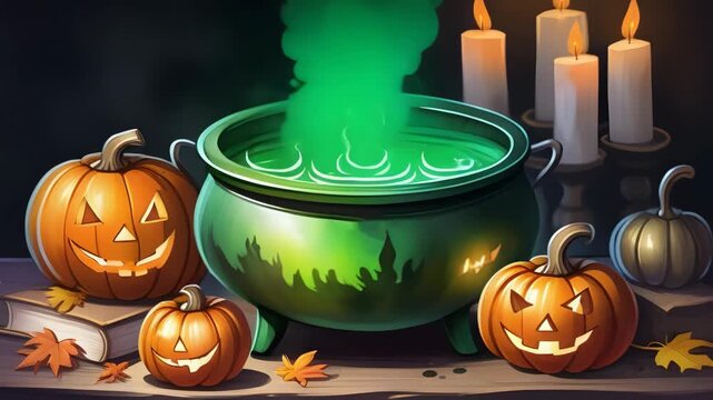 Cartoon witches cauldron filled with purple potion surrounded by Halloween attributes like pumpkins, candles. Concept of Halloween decoration, children entertainment. 