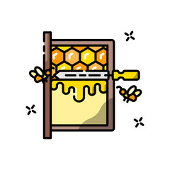 Pixel Art Honeycomb with Bees and Dripping Honey in a Simplified Frame