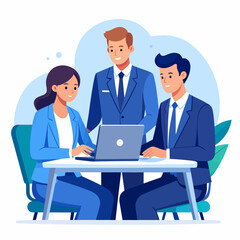 Business team collaboration. Group of happy people working on laptops in an office meeting. Man and women coworkers talking, discussing strategy. Corporate teamwork concept.