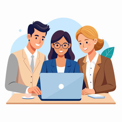 Business team collaboration. Group of happy people working on laptops in an office meeting. Man and women coworkers talking, discussing strategy. Corporate teamwork concept.