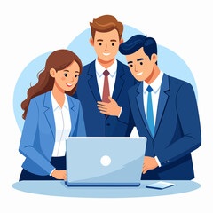 Business team collaboration. Group of happy people working on laptops in an office meeting. Man and women coworkers talking, discussing strategy. Corporate teamwork concept.