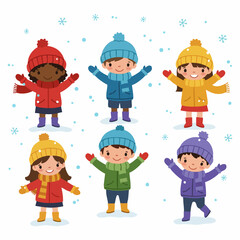 Flat Design Cheerful Children in Winter Clothes Illustration Collection