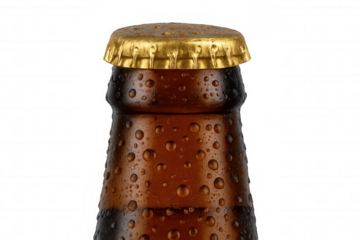 Brown glass bottle neck with a golden cap and condensation droplets, creating a refreshing, cold effect