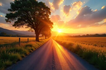 Sunrise Illuminates Tranquil Country Road Golden Rays, Long Shadows, Vibrant Sky - Perfect for Idyllic Travel and Nature Photography