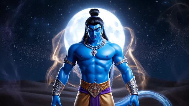 A powerful lord shiva stands against a moonlit night, exuding strength.