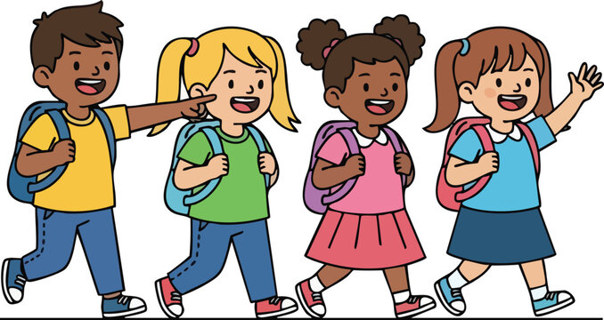 Diverse group of happy children walking to school with backpacks.