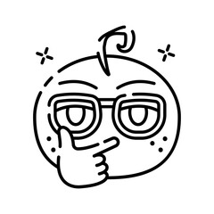 Stylized Outline of a Face with Glasses and a Finger on the Chin Expressing Thoughtfulness and Curiosity with Subtle Sparkle Accents on a Transparent Background