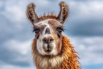 Fototapeta premium Llama looking directly at the camera with fluffy fur