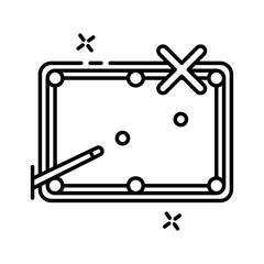 Stylized Line Art Illustration of a Billiard Table with Balls and Cue Stick on a Transparent Background