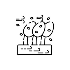Stylized Line Art Icon of Three Trees Swaying in the Wind with Falling Leaves Against a Clean Transparent Background