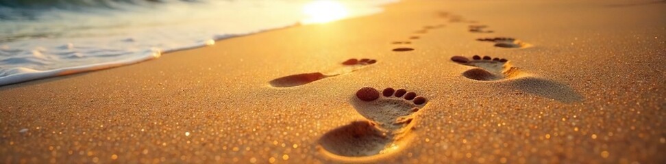 Serene Sunset Beach Scene Footprints Fading in Golden Sand as the Tide Gently Rolls In