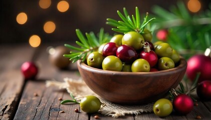 Rustic Christmas Olive Bowl Warm Holiday Scene with Rosemary and Miniature Ornaments, Perfect for Festive Recipes and Decorations