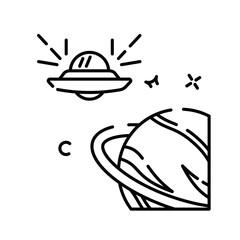 Stylized Line Art UFO Flying Near Ringed Planet with Stars and Small Aircraft in Outer Space on Transparent Background