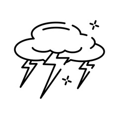 Stylized Line Drawing of a Storm Cloud with Lightning Bolts and Sparkle Accents on a Transparent Background