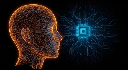 Digital human head connected to artificial intelligence via computer microchip circuitry.