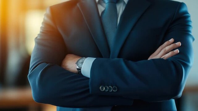 A man standing in front of a neutral background, wearing a suit and having his arms crossed