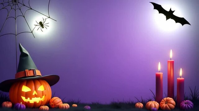 Halloween purple background decorated with pumpkins, candles, cobwebs, and bats with ample empty copy space for text. Concept of Halloween decoration, festive design, creative industry.