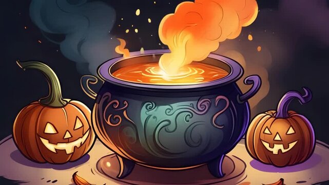 Cartoon witches cauldron filled with purple potion surrounded by Halloween attributes like pumpkins, candles. Concept of Halloween decoration, children entertainment. 