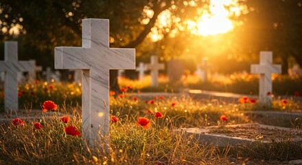 Marble crosses stand in a cemetery during sunset, with red poppies blooming in the foreground.