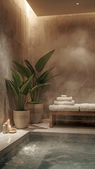 luxurious spa room with candles tropical plants folded towels and steam